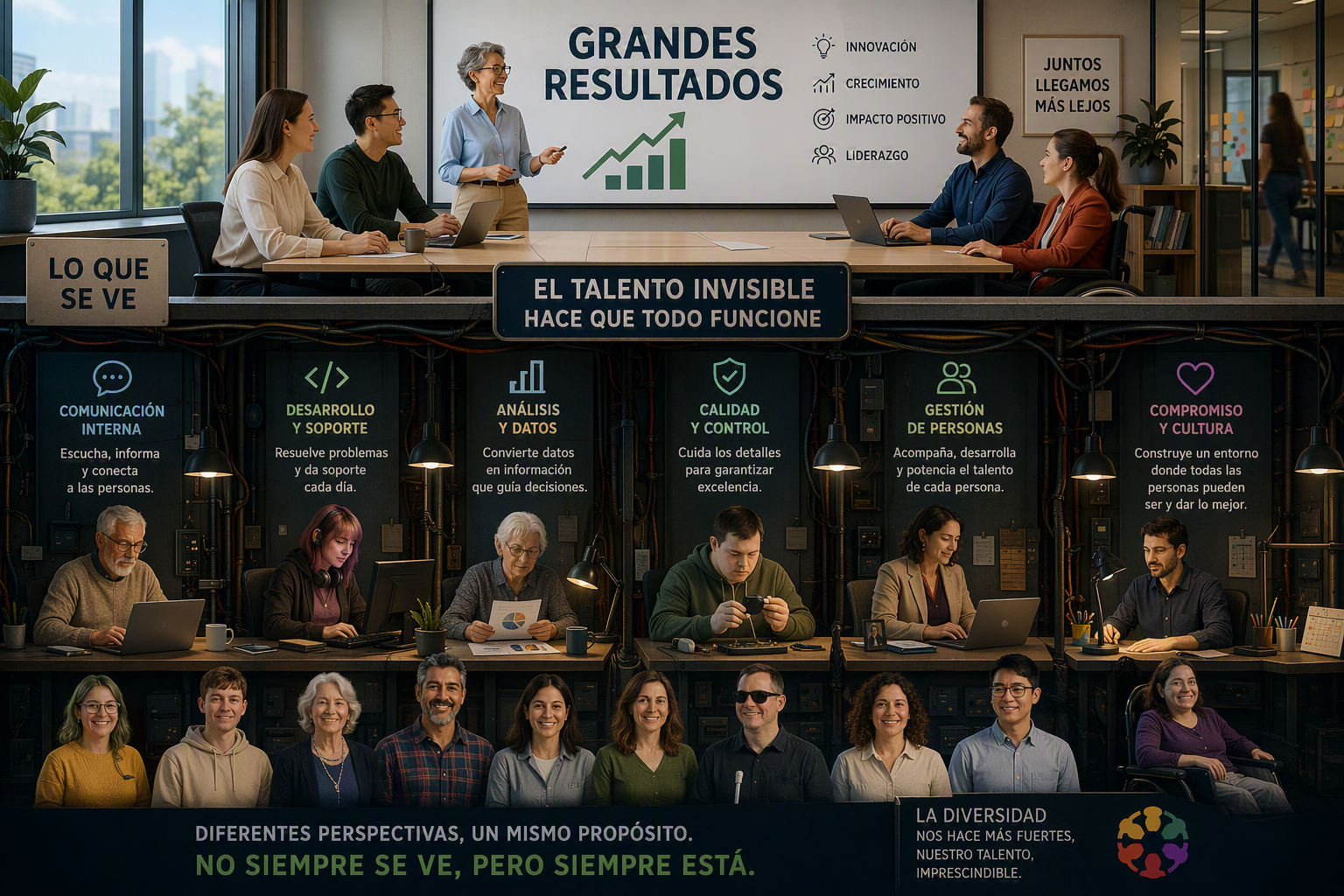 La imagen utiliza un efecto tipo “corte transversal” (como si estuviéramos viendo el edificio por dentro) para transmitir que: •	Lo que se reconoce (arriba) es solo la punta del iceberg. •	Debajo existe una red de talento, esfuerzo y especialización que sostiene esos logros. •	El éxito no es solo del momento visible, sino del trabajo constante que no siempre recibe reconocimiento.