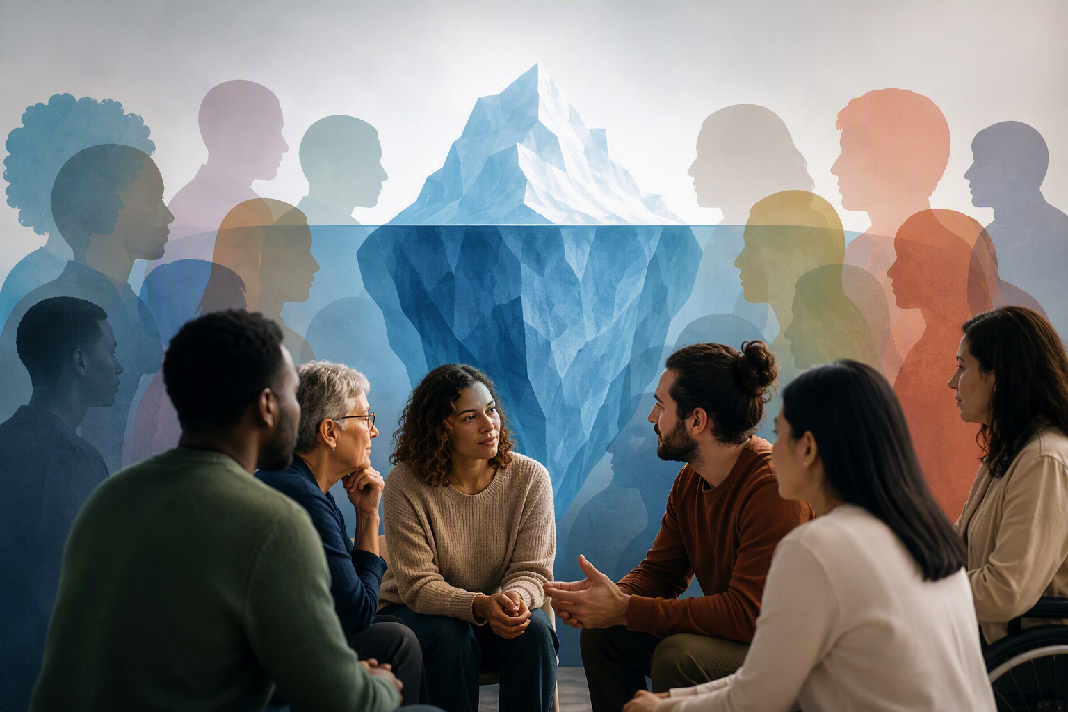 Varias personas charlando con un iceberg de fondo